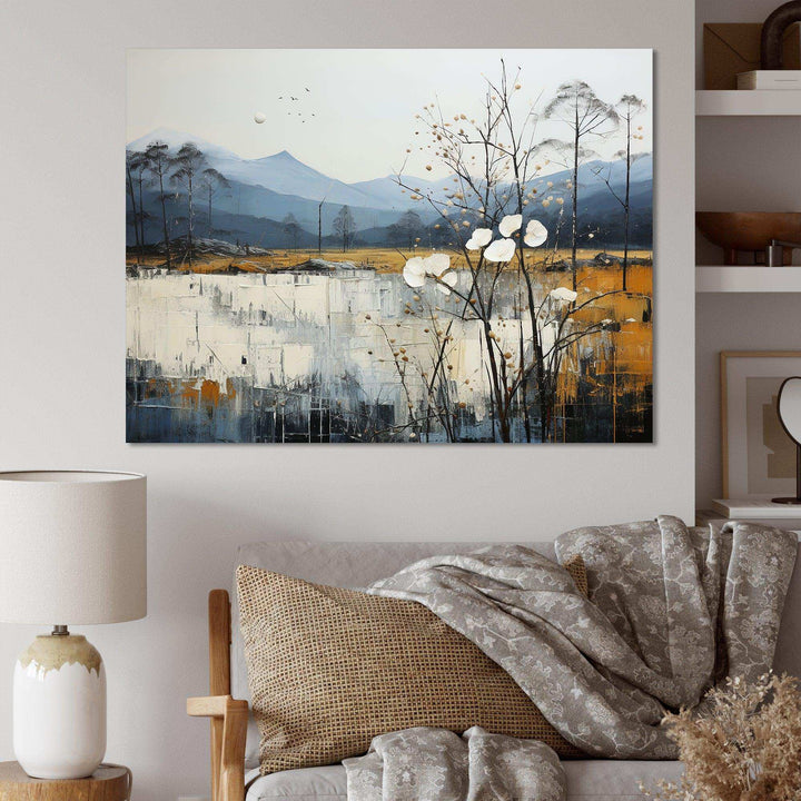 Minimalism Beige And Blue Countryside IV - Landscapes Canvas Wall Art