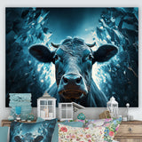Blue Cow Flow Portrait - Cow Framed Canvas Art