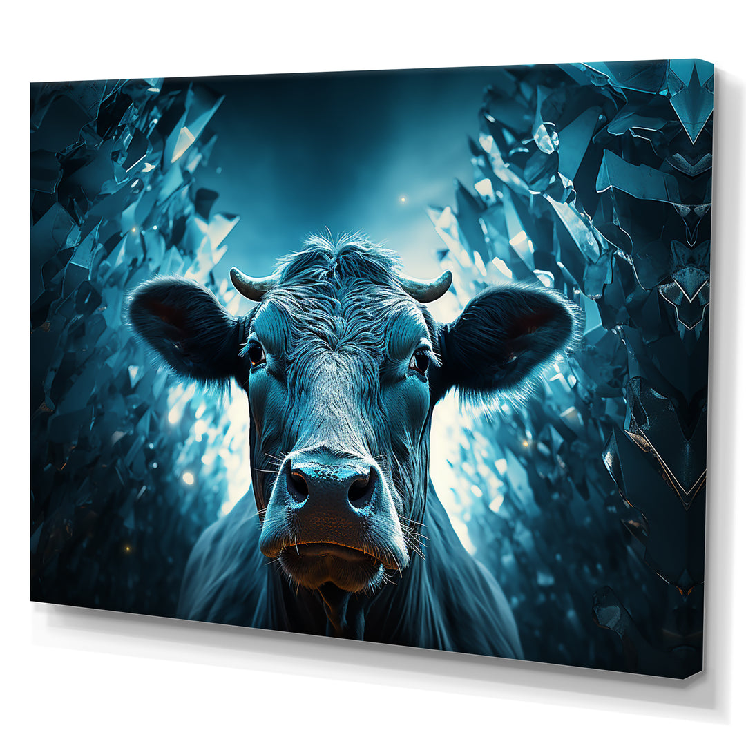 Blue Cow Flow Portrait - Cow Framed Canvas Art