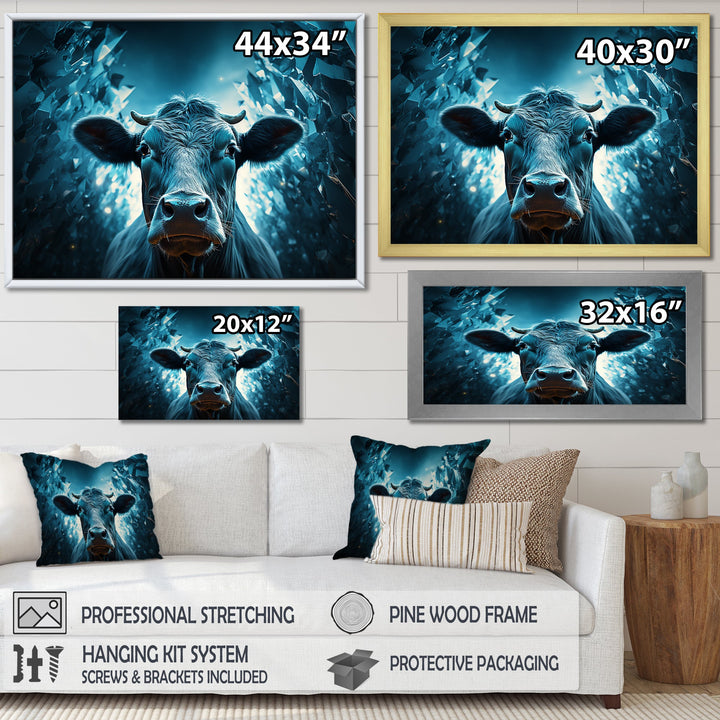Blue Cow Flow Portrait - Cow Framed Canvas Art