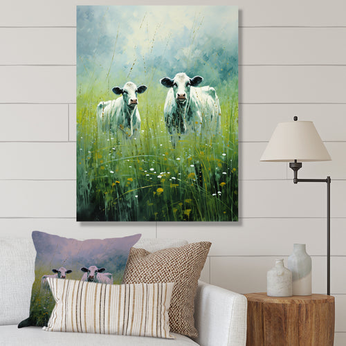 Cow In Verdant Pastures - Green Cow Wall Art
