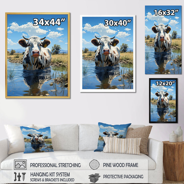 Cow In Tranquil Pasture - Cow Framed Canvas Art