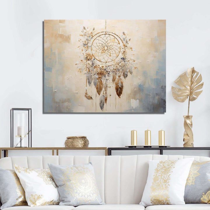 Beige And Grey Threads Of Dreams Dreamcatcher - Spiritual Canvas Wall Art
