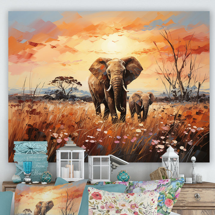 Graceful African Elephant With Calf In Motion - Elephant Wall Decor