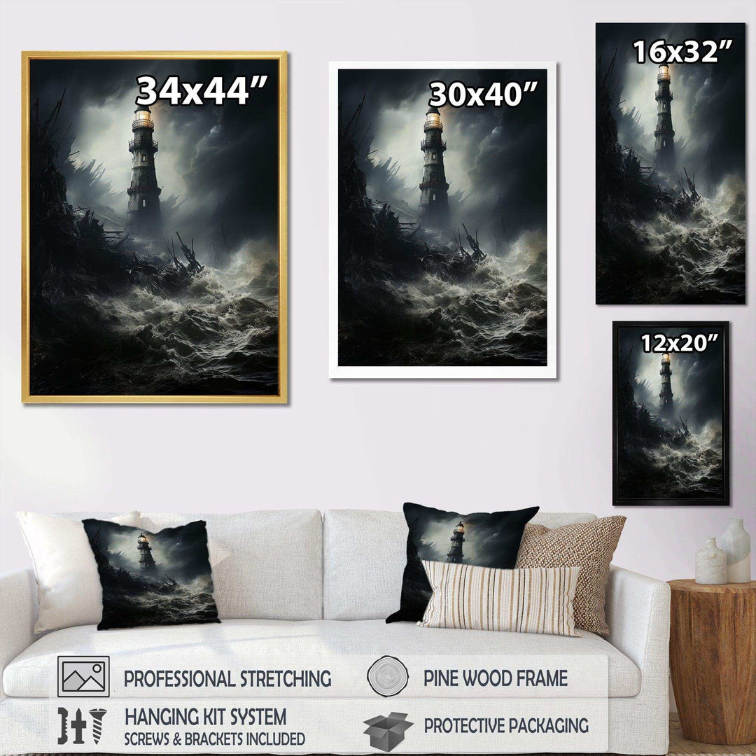 Lighthouse Battling The Stormy Waves - Architecture Canvas Wall Art