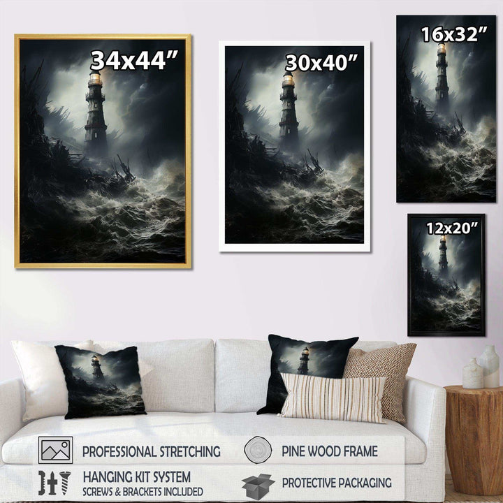 Lighthouse Battling The Stormy Waves - Architecture Canvas Wall Art