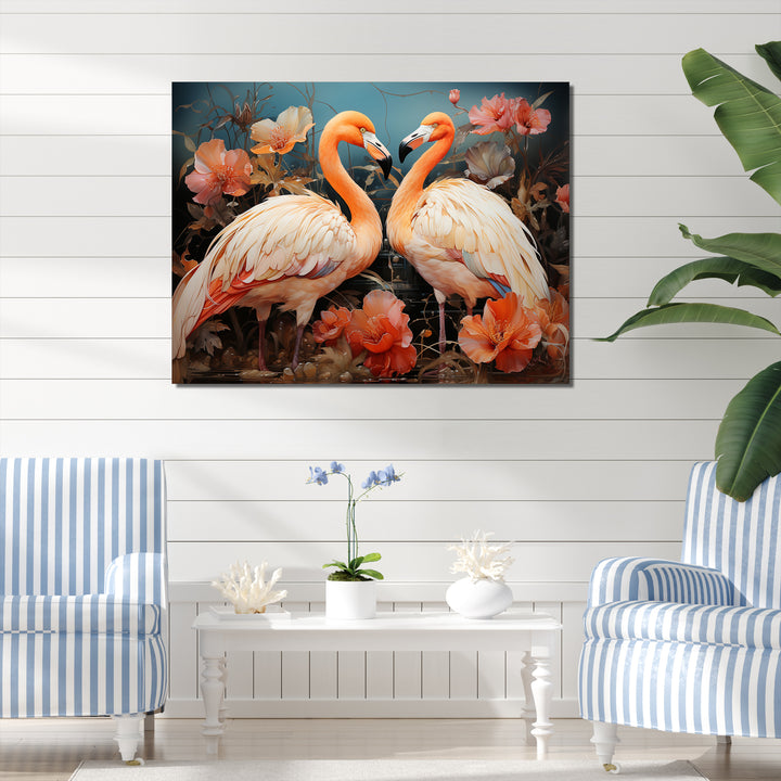 Graceful Orange Flamingo Ballet - Flamingo Large Canvas Wall Art