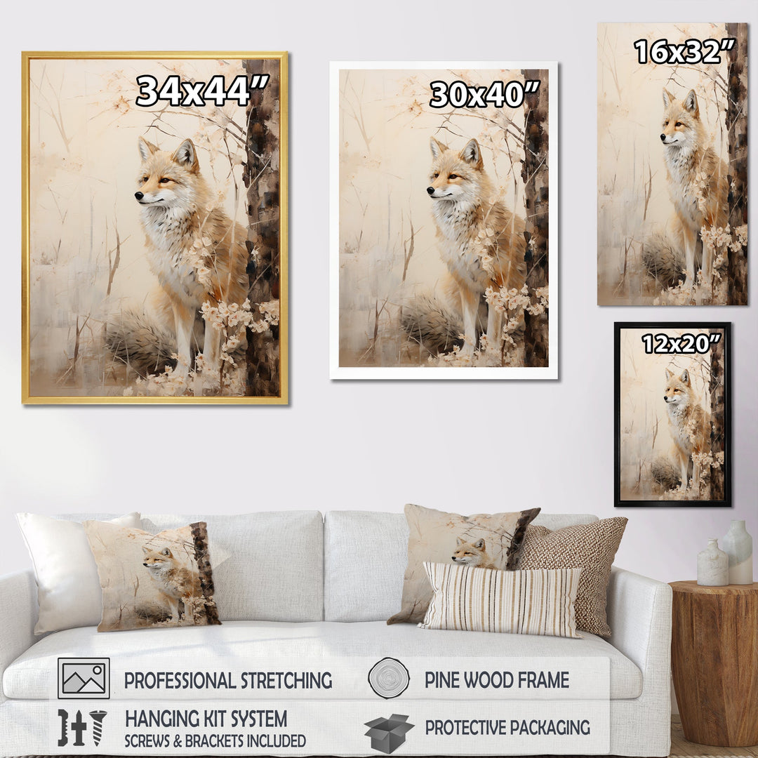 Minimal Wolf In Forest - Beige Wolf Wall Art