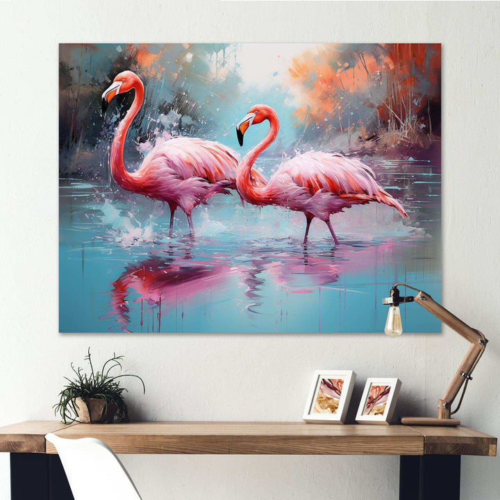 Wild Pink Flamingo In Lake - Landscapes Canvas Wall Art