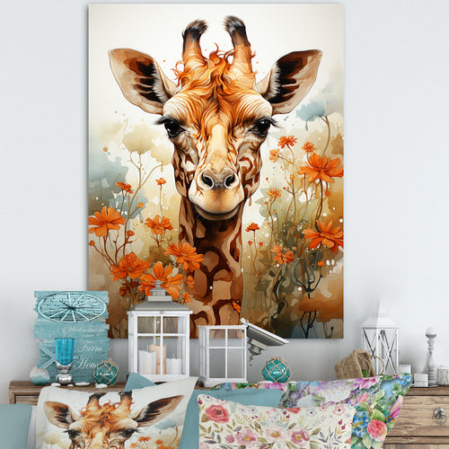 Cute Giraffe In Flowers Field - Beige Giraffe Wall Art