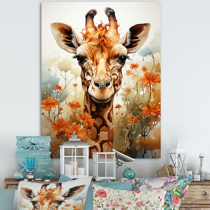 Cute Giraffe In Flowers Field - Beige Giraffe Wall Art