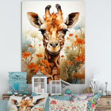 Cute Giraffe In Flowers Field - Beige Giraffe Wall Art