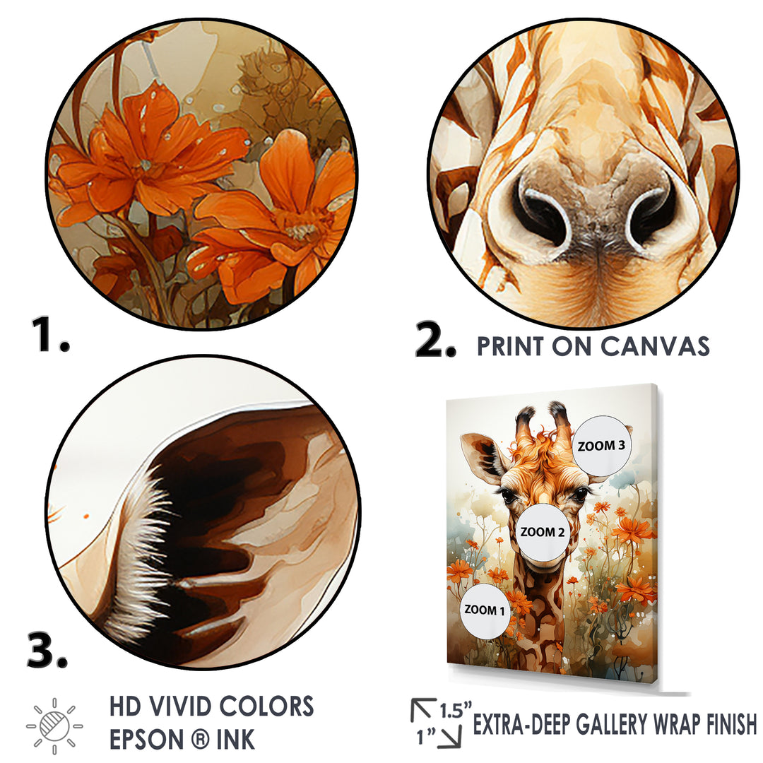 Cute Giraffe In Flowers Field - Beige Giraffe Wall Art