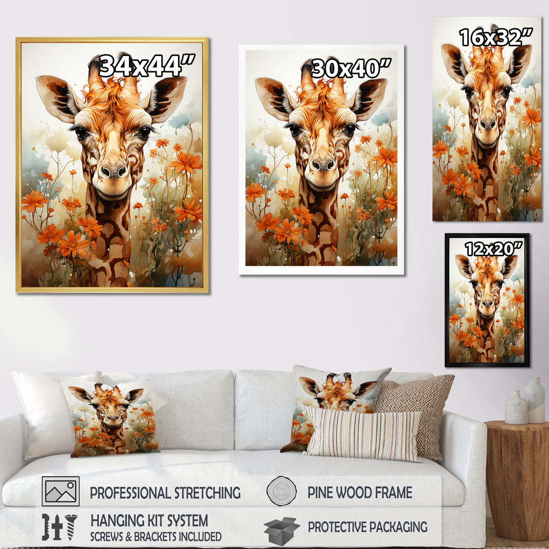 Cute Giraffe In Flowers Field - Beige Giraffe Wall Art