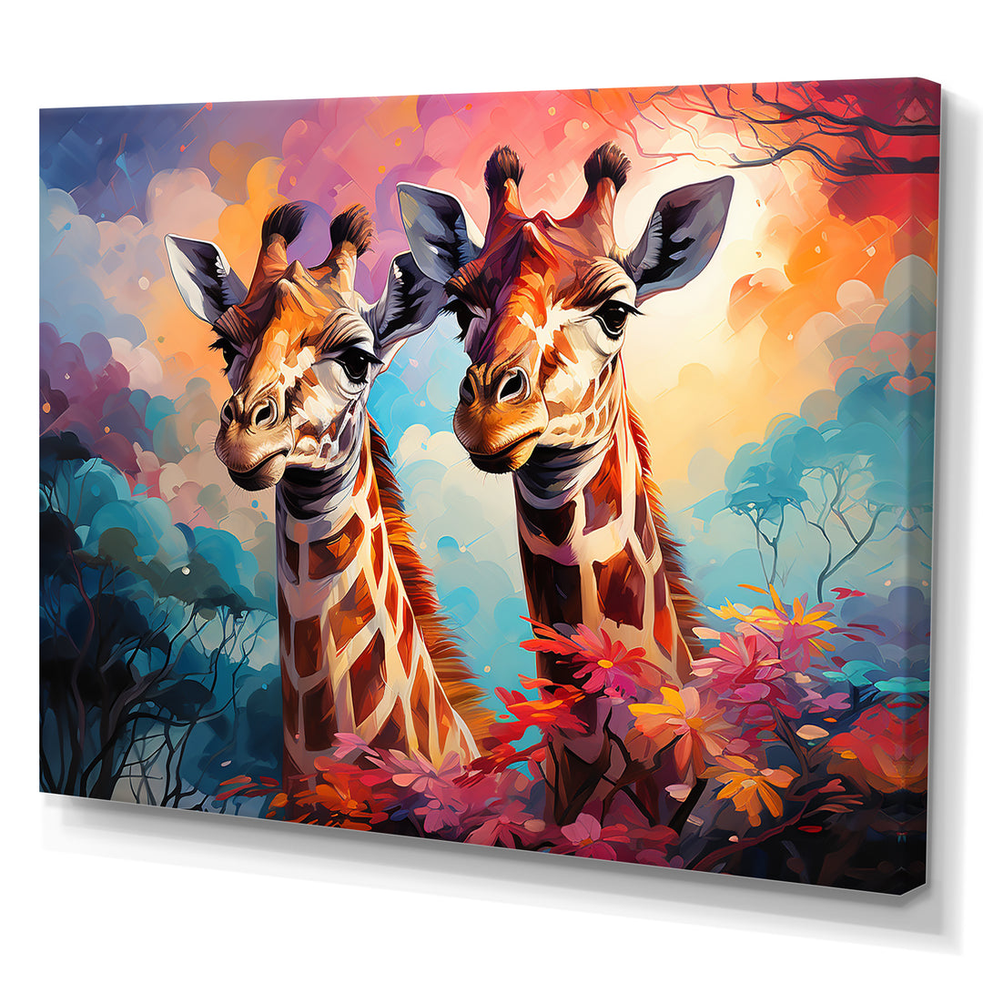 Multicolor Playful Giraffes - Giraffe Framed Canvas Art