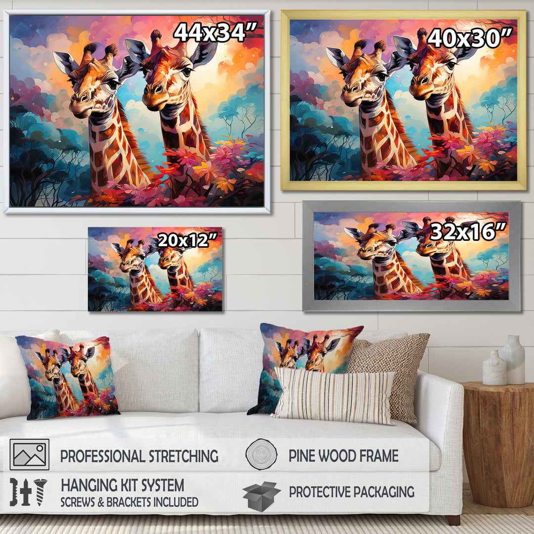 Multicolor Playful Giraffes - Giraffe Framed Canvas Art