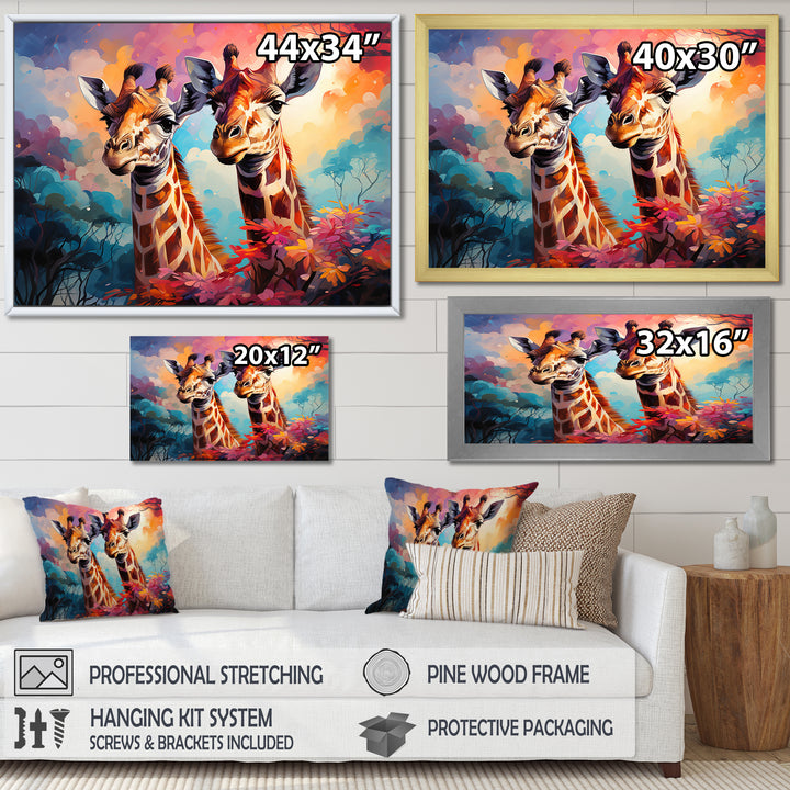 Multicolor Playful Giraffes - Giraffe Framed Canvas Art