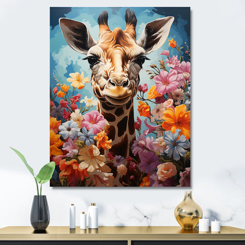 Cute Floral Giraffe Happiness - Giraffe Large Canvas Wall Art
