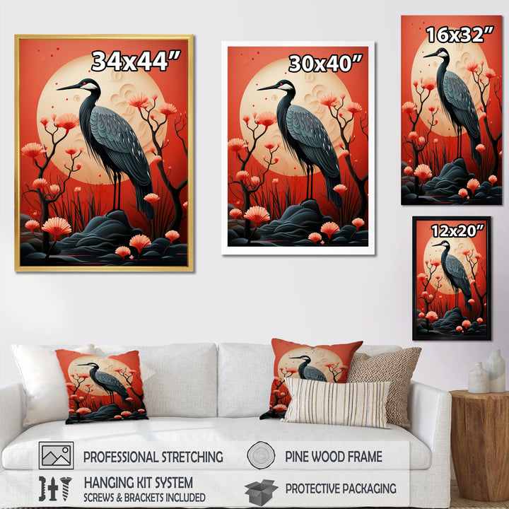Red Japanese Heron Ink Portrait - Heron Wall Art Prints
