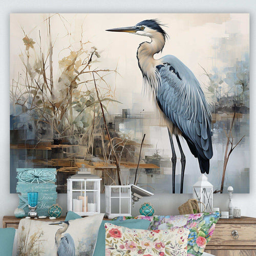 Blue Great Heron In Miminal Harmony II - Animals Canvas Wall Art