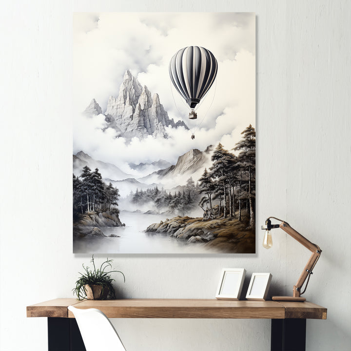 Monochrome Mountain Balloon Flight - Hot Air Balloon Canvas Wall Art