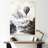 Monochrome Mountain Balloon Flight - Hot Air Balloon Canvas Wall Art