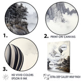 Monochrome Mountain Balloon Flight - Hot Air Balloon Canvas Wall Art