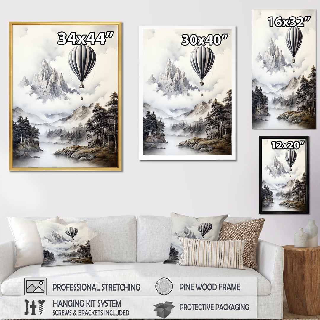 Monochrome Mountain Balloon Flight - Hot Air Balloon Canvas Wall Art