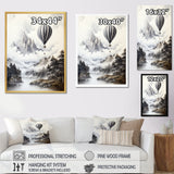 Monochrome Mountain Balloon Flight - Hot Air Balloon Canvas Wall Art