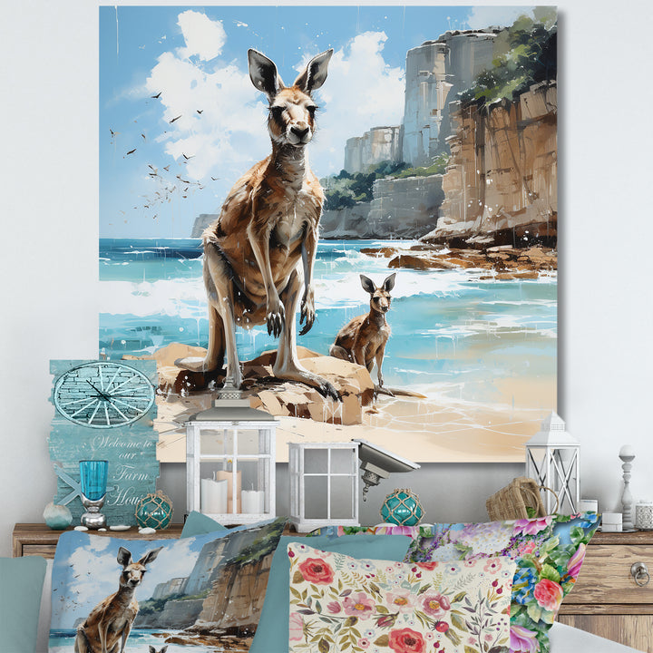 Kangaroo Family In Australia Coast - Blue Kangaroo Wall Art