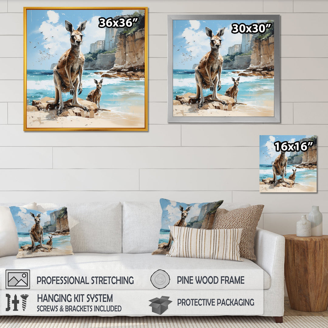 Kangaroo Family In Australia Coast - Blue Kangaroo Wall Art