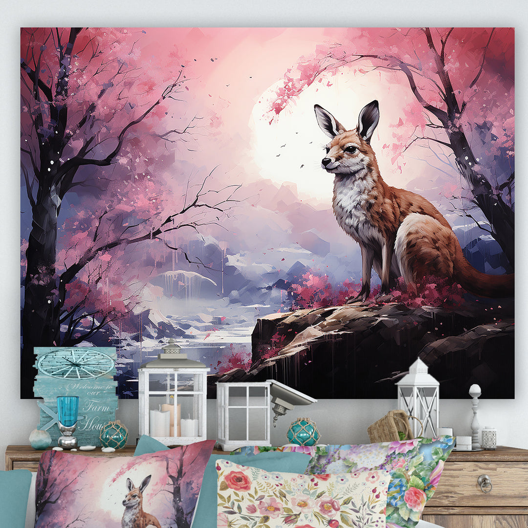 Moonlight Kangaroo Landscape - Pink Kangaroo Wall Art