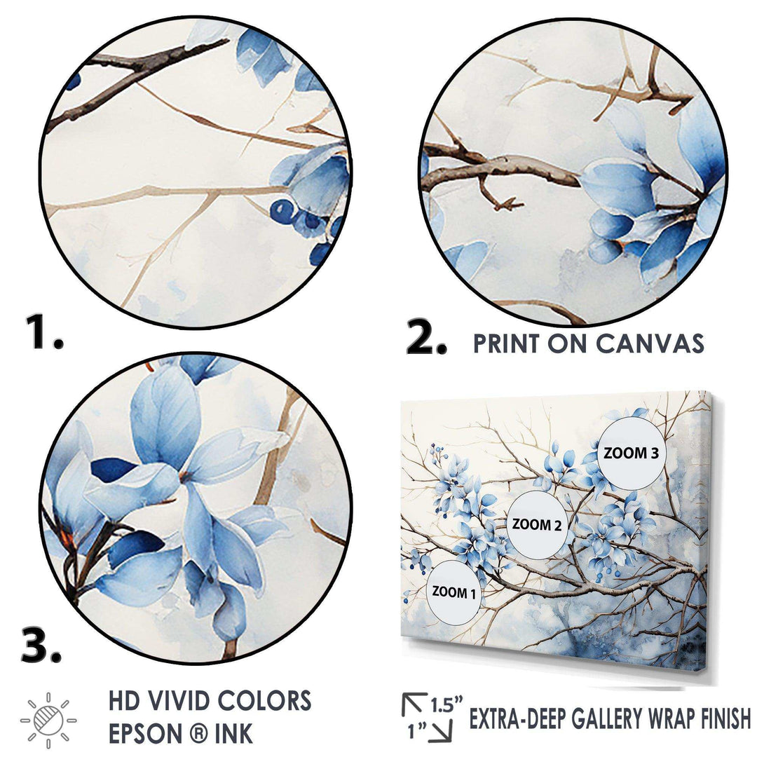 Blue And Grey Leave On Branch - Floral Canvas Wall Art