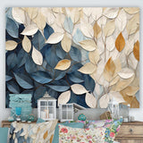 Beige And Blue Minimalism Leaves Collage - Floral Canvas Wall Art