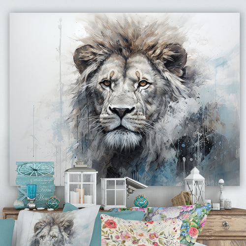 Grey And Blue Savannah Royalty Lion - Lion Large Canvas Wall Art