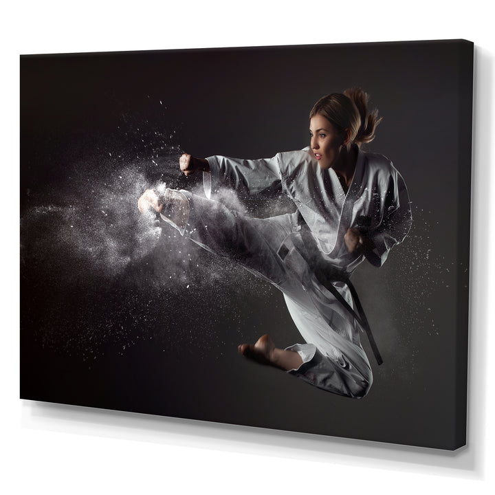 Karate Girl Mid Air Kick - Martial Arts Canvas Wall Art
