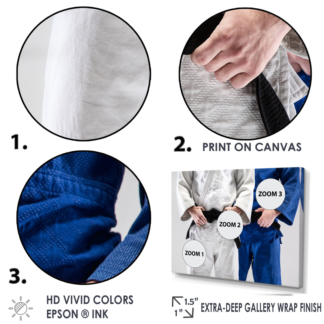 Fighting Judokas Fight Pose Black Belts. - Martial Arts Canvas Wall Art