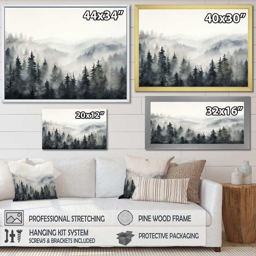 Grey Misty Morning Forest Horizon - Landscapes Canvas Wall Art