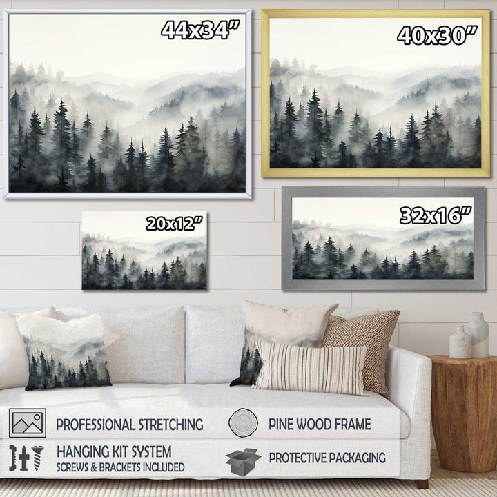 Grey Misty Morning Forest Horizon - Landscapes Canvas Wall Art