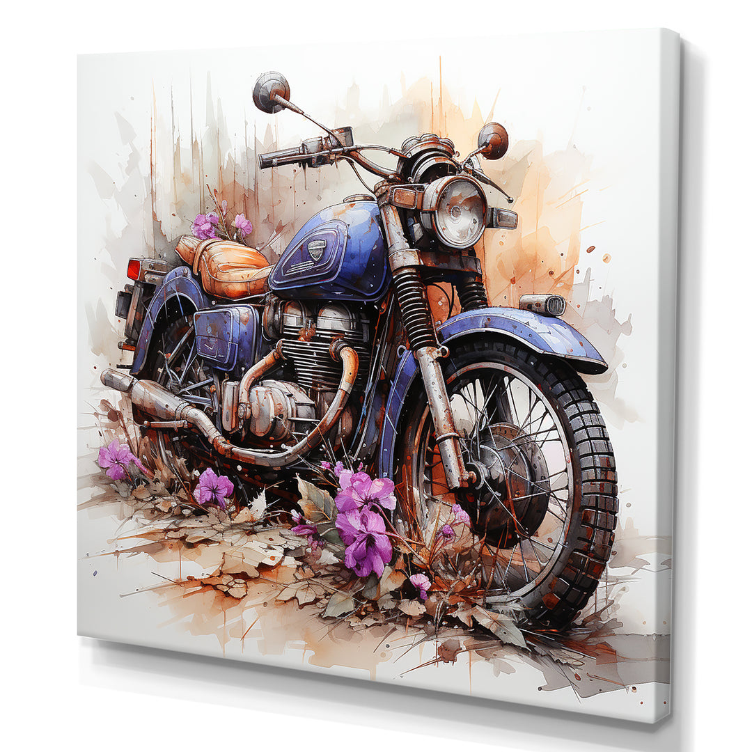 Watercolor Motorcycle Flower Path - Motorcycle Canvas Wall Art