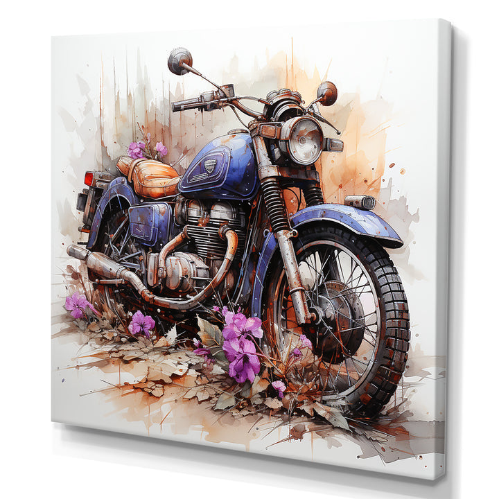 Watercolor Motorcycle Flower Path - Motorcycle Canvas Wall Art