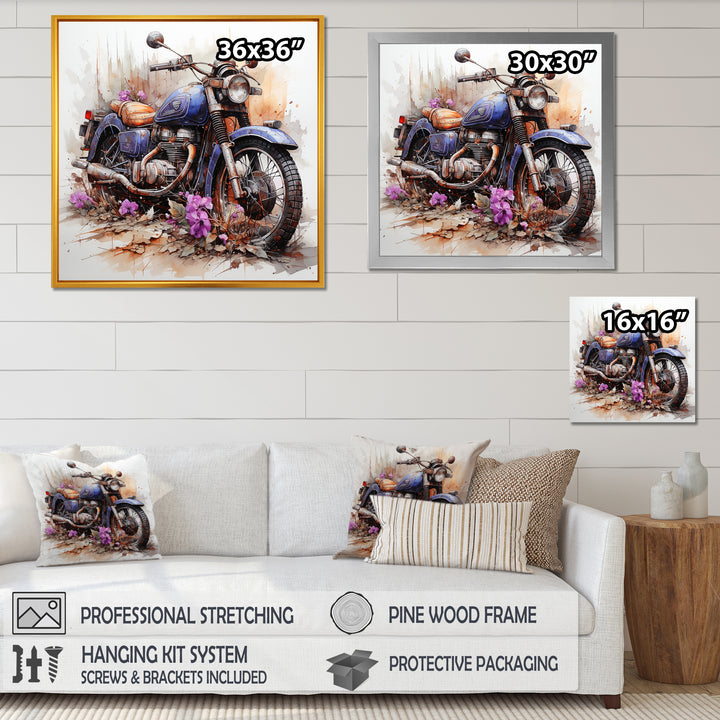 Watercolor Motorcycle Flower Path - Motorcycle Canvas Wall Art