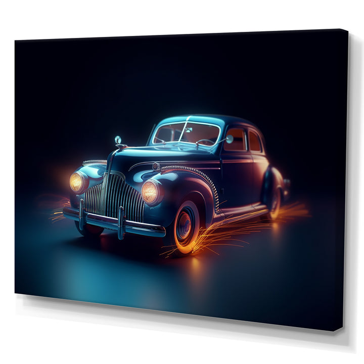 Neon Light Strips Indigo Vintage Car - Car Vintage Canvas Wall Art