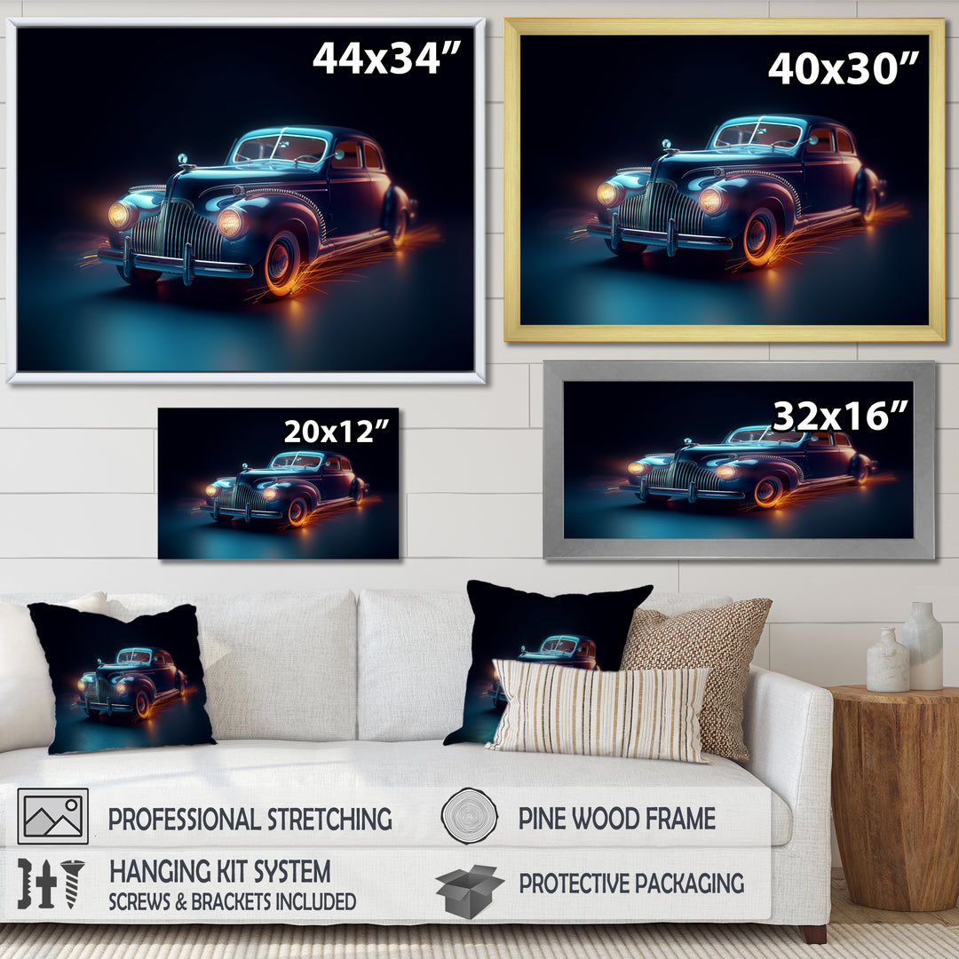 Neon Light Strips Indigo Vintage Car - Car Vintage Canvas Wall Art