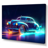 Neon Light Strips Around Indigo Vintage Car - Car Vintage Canvas Wall Art
