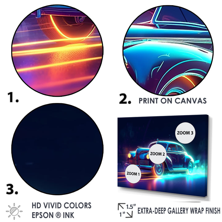 Neon Light Strips Around Indigo Vintage Car - Car Vintage Canvas Wall Art