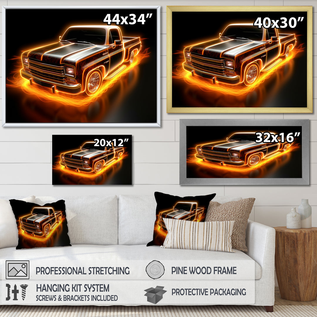 Neon Light Strips Orange Pickup Truck - Truck Pickup Canvas Wall Art