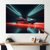 Neon Light Strips Around Red Sedan - Car/Van Canvas Wall Art