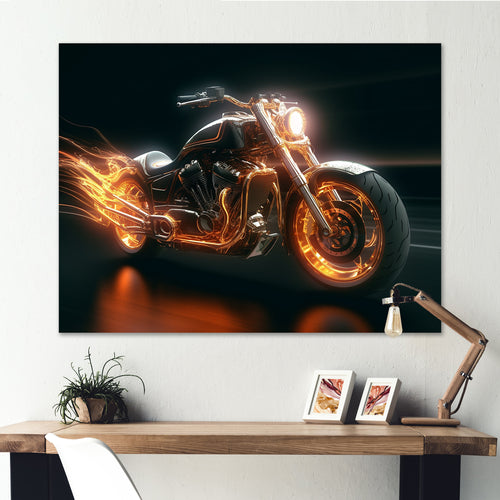 Neon Light Strips Motorcycle - Canvas Wall Art