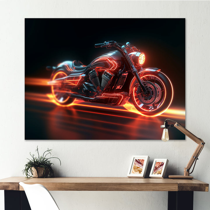 Neon Light Strips Around Silver Motorcycle - Canvas Wall Art